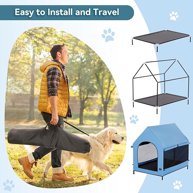 Petsfit 36 Inch Elevated Pet Dog House, Portable Large Dog House with Removable Cover for Indoor and Outdoor, Waterproof Raised Dog Houses for Large Dogs Outside,Blue,36L x 25.2W x 35.3H Inches
