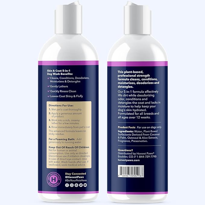 Honest Paws Dog Shampoo and Conditioner - Premium Dog Wash for Allergies and Dry, Itchy, Moisturizing for Sensitive Skin - Sulfate Free, Plant Based, All Natural - Oatmeal & Lavender - 16 Fl Oz