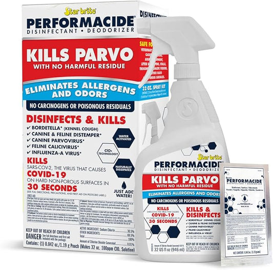 STAR BRITE PERFORMACIDE No-Rinse Disinfectant Deodorizer for Pet Surfaces - Kills Parvovirus, Ringworm, Feline Calicivirus, Avian Influenza (Bird Flu), Refillable, 32 OZ Kit,white