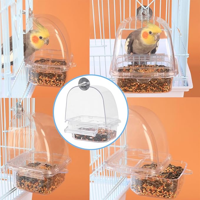 Bird Parrot Feeders, Cage Feeder Dispenser Food Container, Auto Bird Seed Bowl for Small Medium Birds, Cockatiel Canary Cockatoos Parakeet Conure Lovebird, Acrylic Clear