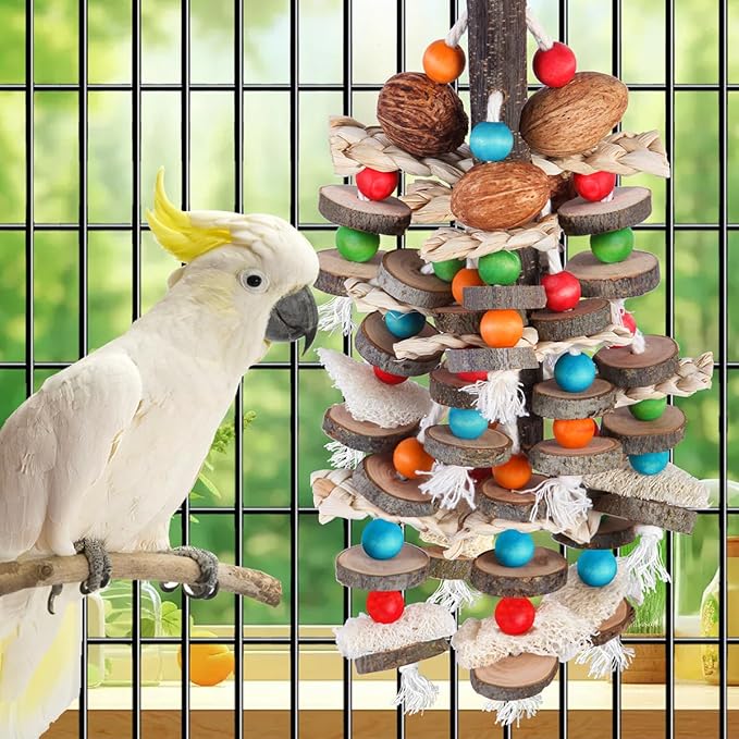 BBjinronjy Large Parrot Toys Bird Chewing Toys-Natural Nuts Corn Loofah Wooden Bird Cage Toy for African Grey,Macaws,Conure,Cokatoos,Cockatiel,Amazon Parrots and Other Medium and Small Birds