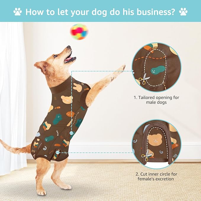 Recovery Suit for Dogs, Dog Surgery Recovery Suit with Zipper Closure Post Spay, Neuter, Abdominal Surgical Suit for Male Female Dogs Can Pee, Prevent Licking Dog Onesies, Brown Bear, XS