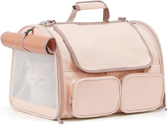 FUKUMARU Cat Carrier, 4 Mesh Windows Small Dog Carrier, 4 Storage Pockets Cat Travel Bag, Under 15 lb Airline Approved Pet Carrier, Rollable Cover for Nervous Cats, Pink