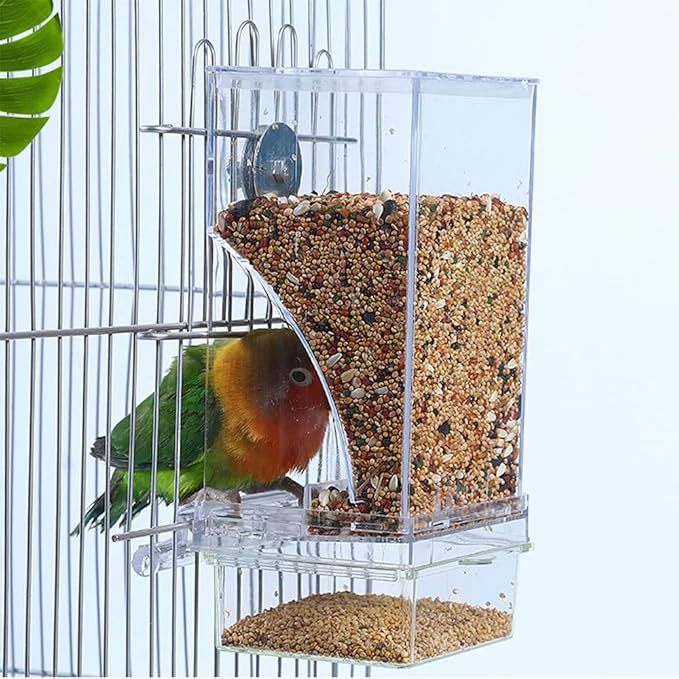 Hamiledyi No Mess Bird Cage Feeder 2Pack Automatic Parrot Seed Feeders with Perch Acrylic Transparent Seed Food Container Cage Accessories for Small and Medium Lovebirds Parakeets