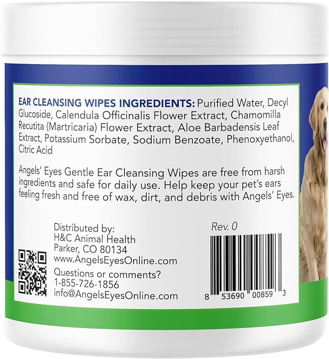 ANGELS' EYES Ear Cleansing Wipes for Dogs and Cats Removes Dirt, Wax, Odor Reduce Infections and Itching No Artificial Colors or Fragrance 100ct