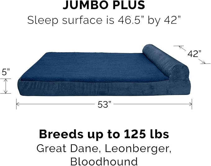 Furhaven Memory Foam Dog Bed for Large Dogs w/ Removable Bolster & Washable Cover, For Dogs UP to 125 lbs - Fleece & Corduroy Bolster Chaise - Navy, Jumbo Plus/XXL