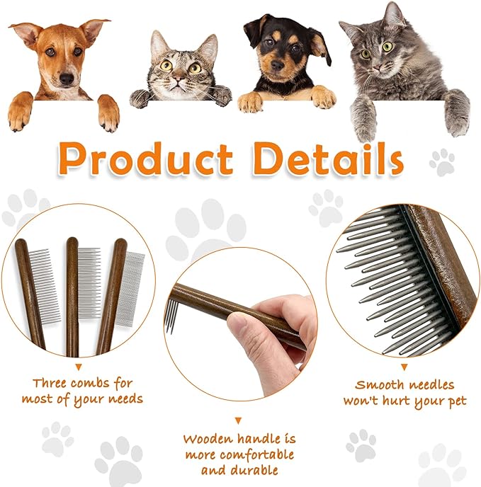 3 Pack Solid Wood Cat Combs,Flea Lice Comb with Rounded Stainless Steel Teeth for Cat Dog Rabbit Massage Removes Mats, Tangles and Loose Fur,Grooming Comb for Cat/Dog/Small Medium Pets