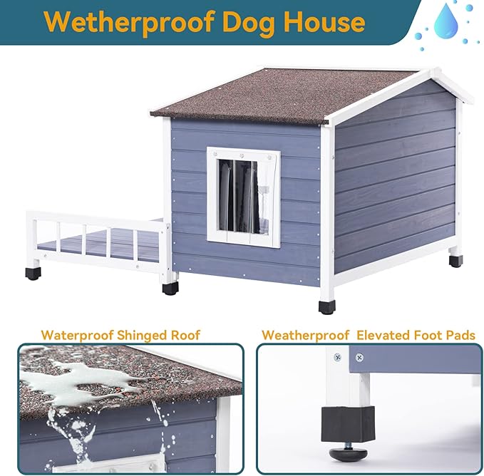 Petsfit Dog House Outdoor with Terrace & Openable Asphalt Roof, 40" L x 47" W x 28.5" H, Outside Dog House with Elevated Floor, Dog House for Small Medium Dogs