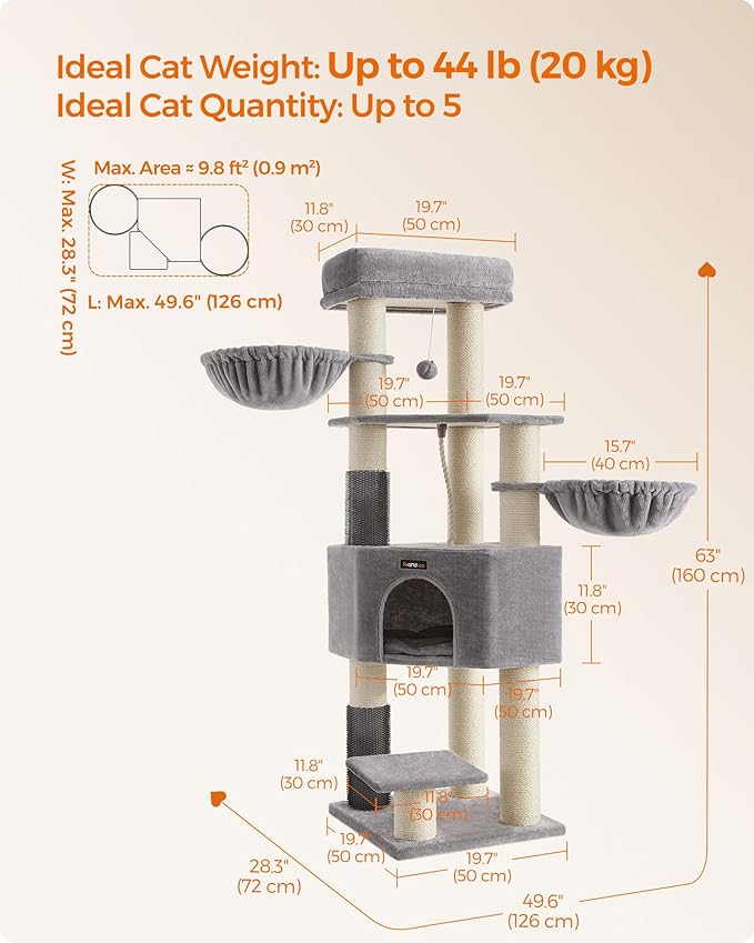 Feandrea Cat Tree for Large Cats, 63-Inch Heavy-Duty Cat Tower with Self-Warming Pads, 2 Self-Groomers, 9 Scratching Posts, Large Perch, Cave, and Baskets, Dove Gray and Cream White UPCT003N01