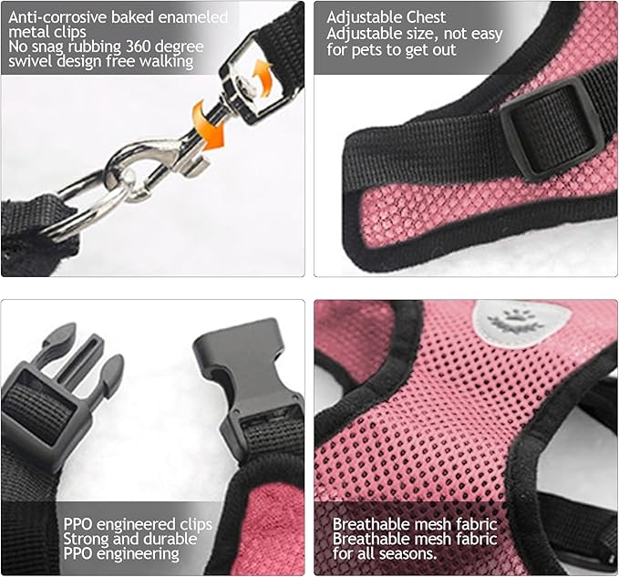 Summer cat Chest Harness and Leash, Anti-Escape Adjustable Soft mesh cat Leash and Chest Harness Set for All Types of Cats cat Vests(Size L,Pink)