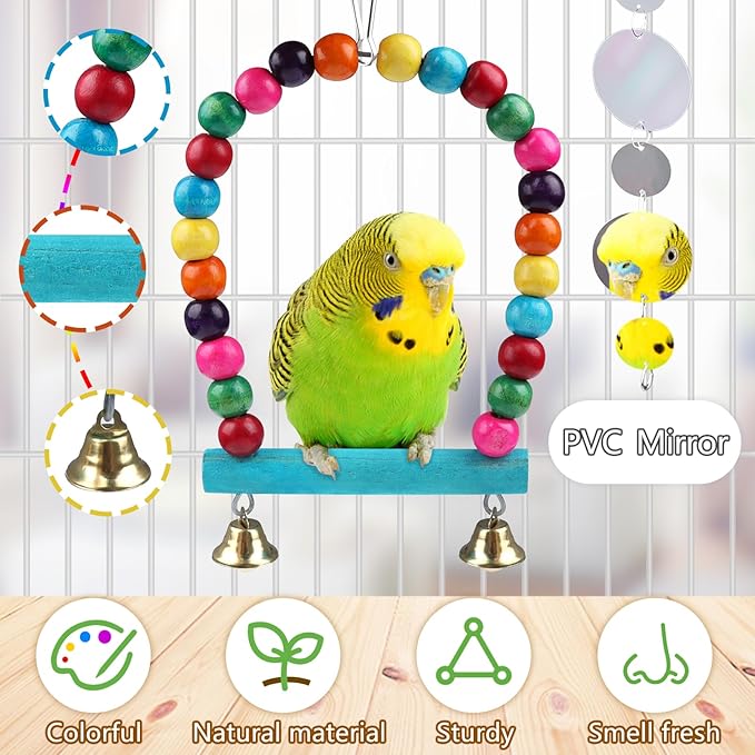 Bird Parakeet Toys, 10 pcs Swing Hanging Standing Chewing Toy, Hanging Bell Pet Bird Cage Colorful Toys for Parakeets, Cockatiel, Parrot, Budgerigar, PietyPet