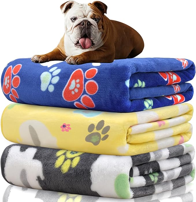 Dog Blankets for Medium Dogs,1 Pack 3 Premium Soft Dog Puppy Blankets, 31x24 inch, with Flannel Cute Elephant Dog Paw, 2024 Small Cat Kitten Blankets Grey/Blue/Yellow.