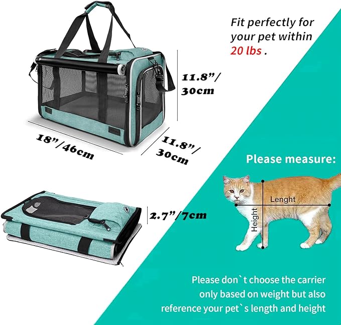 Small Dog Carrier for Puppy Yorkshire Softshell Car Transport Chihuahua Carry Cage 18-inch Collapsible Doggie Vet Visit Crate Easy Load Roomy Pet Carrier Bag Kennel Dog Essentials Teal