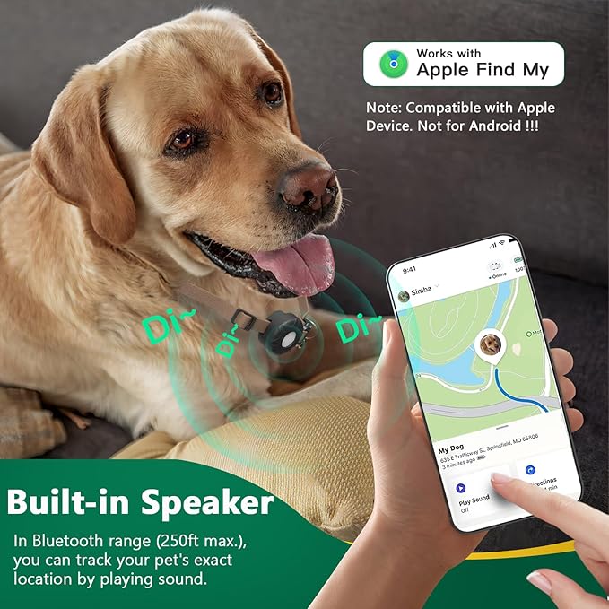 GPS Dog Trackers (Tag Included), Pet Tracker for Dogs, Waterproof Tracker Dog Collar with Adjustable Buckle, No Monthly Fee Lightweight Tag Tracker (iOS Only) for Dogs, Cats, Pets, Support Find My App