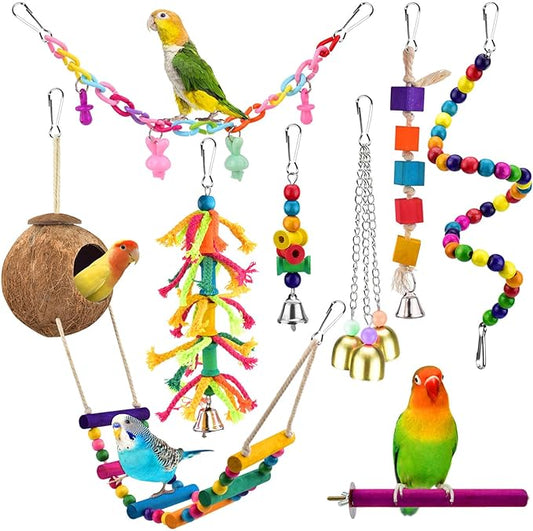 KATUMO Bird Toys, Parrot Swing Parakeet Ladder Conure Wood Perch Bird Chew Toys Cockatiel Hanging Bell Toys for Parakeet, Conure, Cockatiel, Mynah, Love Birds, Finch, Small Pet Birds