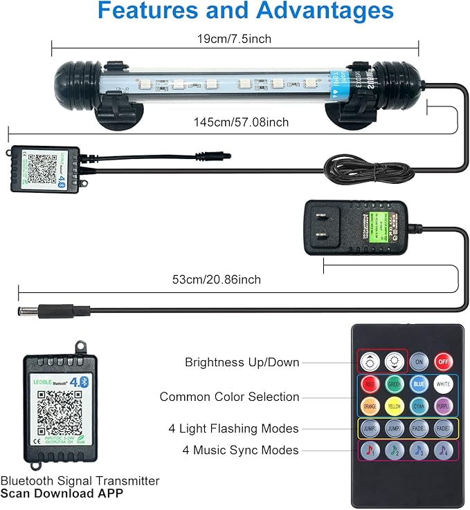 VARMHUS LED Aquarium Light,Fish Tank Light with Remote Controller&APP Control,DIY Full Spectrum Optional Color&Intelligent Timing and Dimming,29 Light Modes and 4 Music Control Modes 6LEDS-RGB 7.5''