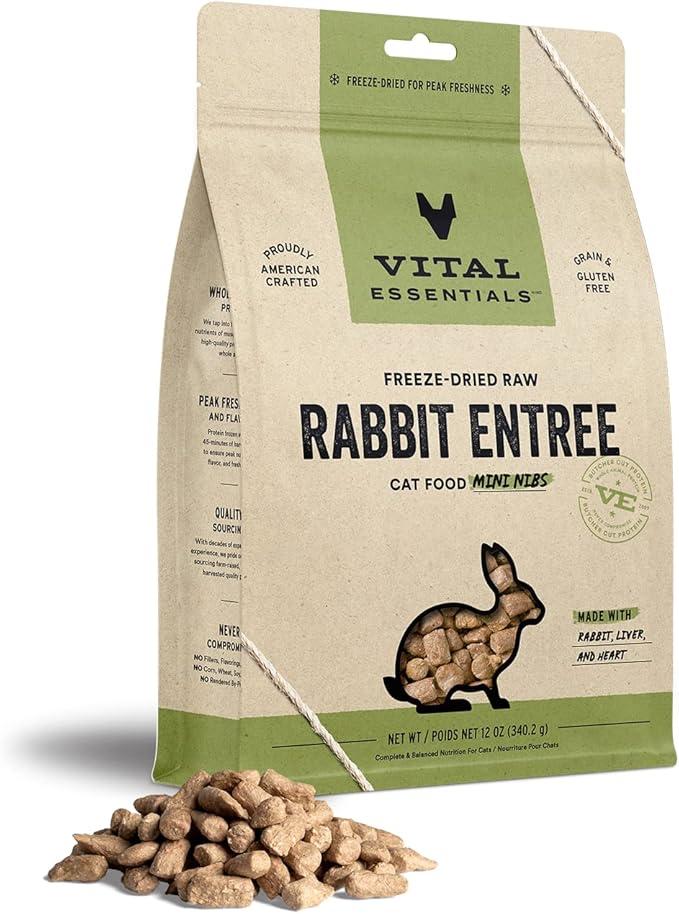 Vital Essentials Freeze Dried Raw Cat Food, Rabbit Mini Nibs Entree, 12 oz