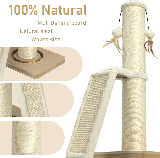 Cat Scratching Post,31" Tall Sisal Scratch Posts with Vertical Scratching Board for Cats and Kittens,with Track Ball and Hanging Feather Ball Toys,Beige