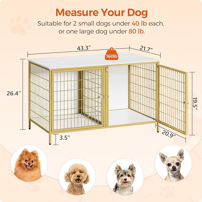 Dog Crate Furniture for 2 Dogs, 43.3" Dog Kennel with Removable Divider, Heavy Duty Wooden Dog Kennel for Small Medium Dog, Indoor Dog Cage End Table with Double Doors, White DCJW1201