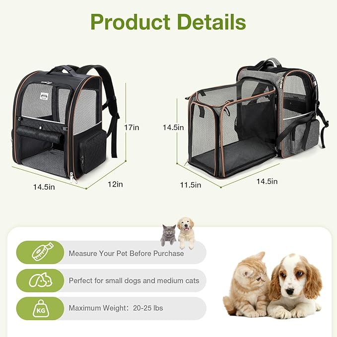 Lekebobor Large Cat Backpack Carrier Expandable Pet Carrier Backpack for Small Dogs Medium Cats Fit Up to 18 Lbs, Dog Backpack Carrier, Foldable Puppy Backpack Carrier for Travel,Black