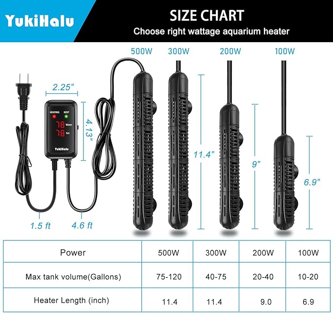 YukiHalu Aquarium Heater 50/100/200/300/500W with Protective Case, Fish Tank Heater, Temperature Adjustable, External Temperature Controller, LED Display, Used for 10/20/40/75/120 Gallons (100W)