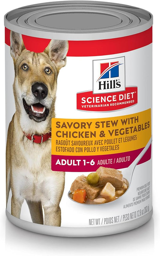 Hill's Science Diet Adult 1-6, Adult 1-6 Premium Nutrition, Wet Dog Food, Chicken & Vegetables Stew, 12.8 oz Can, Case of 12