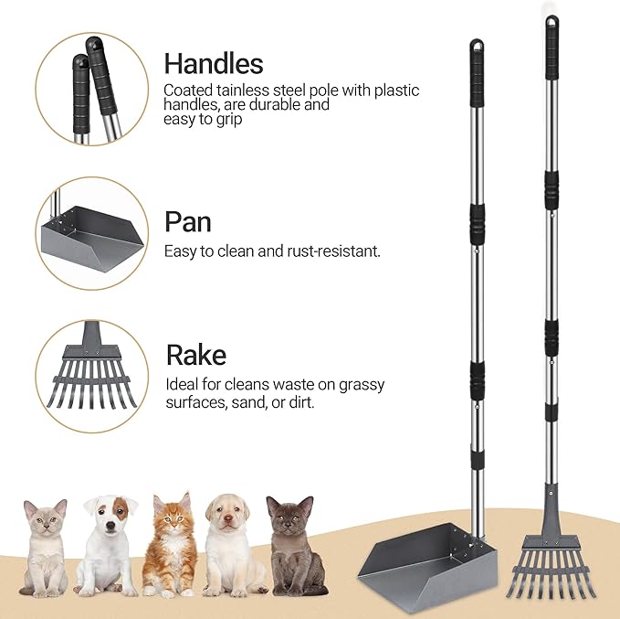 Heeyoo Dog Pooper Scooper, Dog Poop Tray and Rake Set, Pet Waste Removal Scoop with Long Adjustable Sectional Stainless Handles