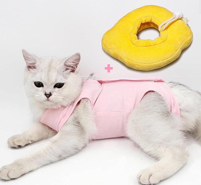 2PCS Cat Cone Collar and Cat Recovery Suit, Anti-Bite, Stop Licking Wounds, Adjustable Soft Elizabethan Cone, Cat Onesie for Female Cat After Surgery