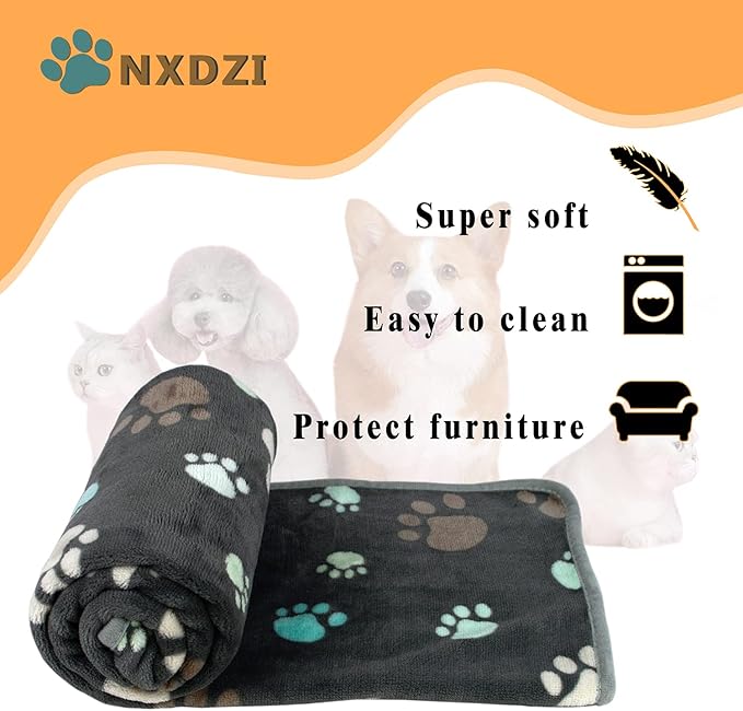 Dog Blankets for Large Dogs, 3 Pack Blanket Washable 41" x 31", Fuzzy Soft Pet Mat Throw Cover Kennel Crate Bed, Cute Grey Paw Pattern,Waterproof Cat Blanket