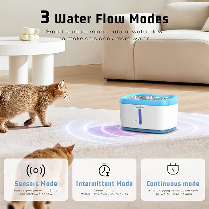 Cat Water Fountain Wireless Pet Fountain Battery Operated,2.5L/84oz Automatic Motion Sensor Dog Water Dispenser for Drinking with Quiet Pump,Stainless Steel Tray Adapter,Filters Included