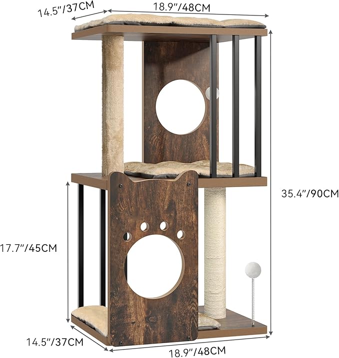 YITAHOME 35.6in 3-Level Modern Cat Tree for Large Indoor Cats, Wooden Cat Tower with Scratching Posts, Detachable Cushions, Spring Ball, Pom-pom, Rustic Brown