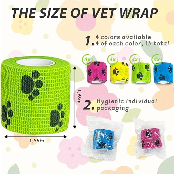 kathson 16PCS Vet Wrap Tape Veterinarian Self Adhesive No Chew Bandage Wound Dressing Medical Bandage Gauze for Animals Pets Dogs Cats Horses Ear Feet Paw Tail Injury(Yellow Blue Green Pink)