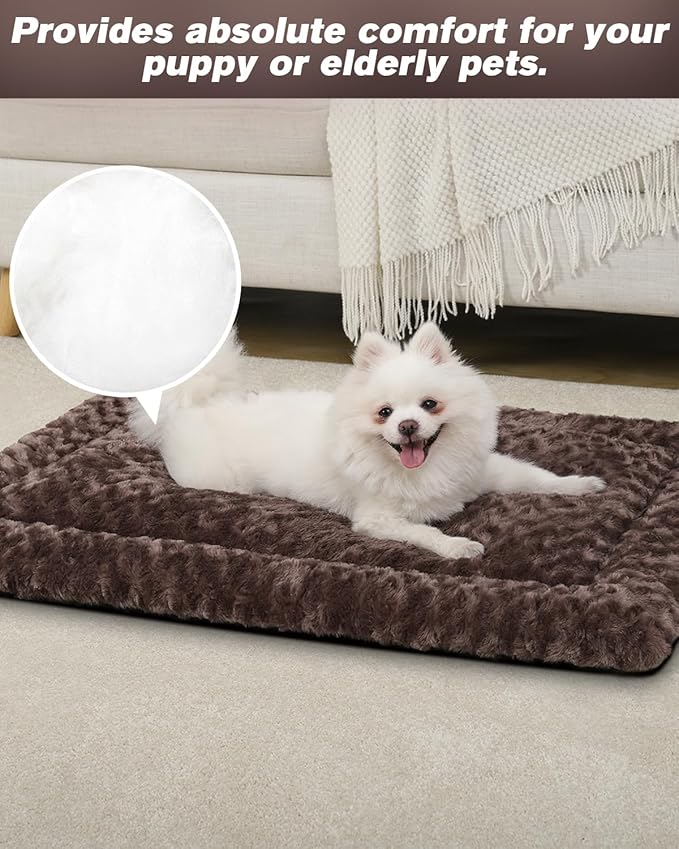 Washable Dog Bed Mat Reversible Dog Crate Pad Soft Fluffy Pet Kennel Beds Dog Sleeping Mattress for Large Jumbo Medium Small Dogs, 29 x 18 Inch, Brown