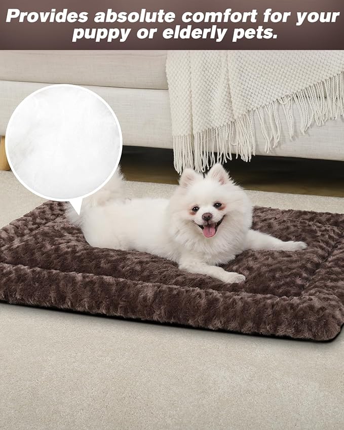 Washable Dog Bed Mat Reversible Dog Crate Pad Soft Fluffy Pet Kennel Beds Dog Sleeping Mattress for Large Jumbo Medium Small Dogs, 35 x 22 Inch, Brown