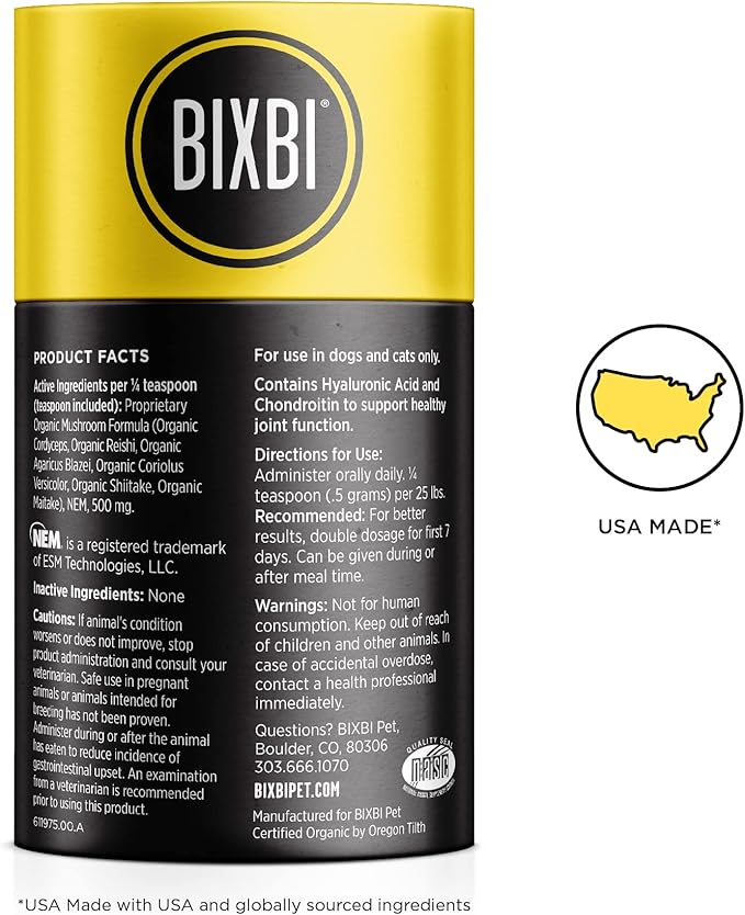 BIXBI Dog & Cat Joint Support, 2.12 oz (60 g) - All Natural Organic Pet Superfood - Daily Mushroom Powder Supplement - USA Grown & USA Made - Veterinarian Recommended for Dogs & Cats