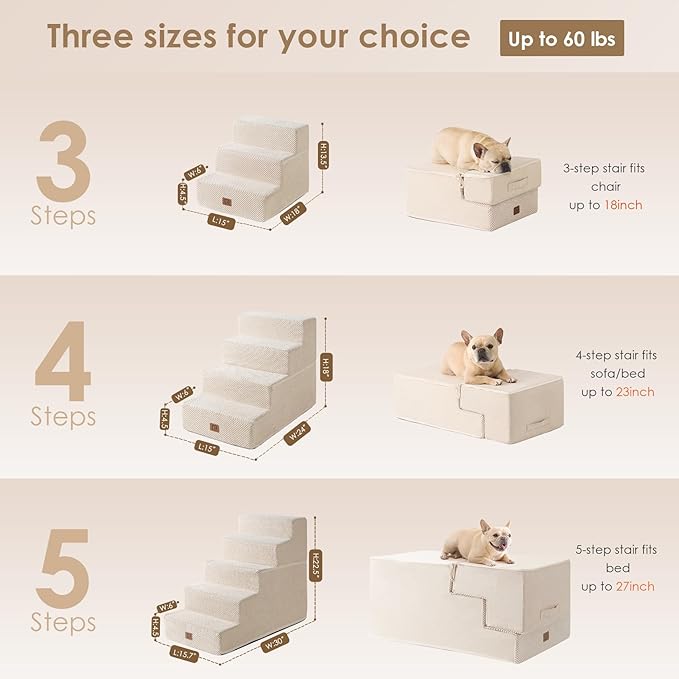 EHEYCIGA Dog Stairs for Small Dogs 13.5" H, 3-Step Dog Steps for Couch Sofa and Chair, Pet Steps for Small Dogs and Cats, Non-Slip Balanced Dog Indoor Ramp, Beige