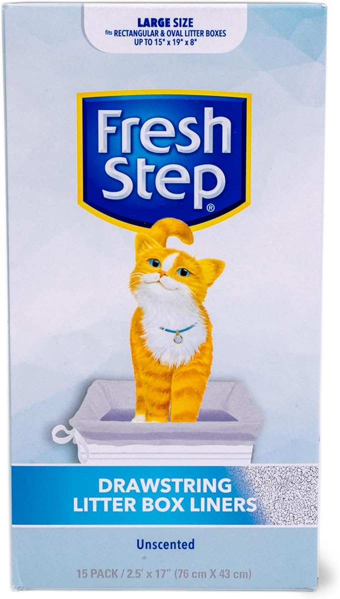 Fresh Step Drawstring Cat Litter Box Liners, Unscented, Size Large, 30" x 17" | Kitty Litter Bags - Cat Litter Liners for Rectangle or Oval Litterboxes, 15 Count - 12 Pack