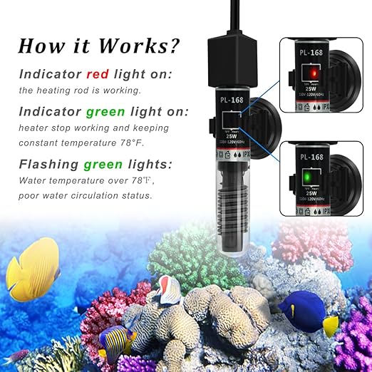 PULACO 25W Small Aquarium Submersible Betta Heater with Free Thermometer Strip, Under 6 Gallon Fish Tanks (Preset Temperature 78℉)