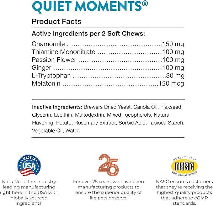 NaturVet Quiet Moments Calming Aid Dog Supplement, Helps Promote Relaxation, Reduce Stress, Storm Anxiety, Motion Sickness for Dogs (Quiet Moments, 180 Soft Chews)