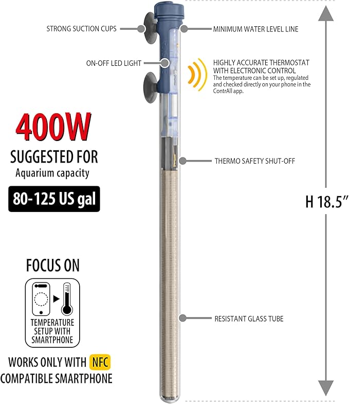 Sicce Scuba 400 Watt Aquarium Fish Tank Heater Smartphone Controlled via NFC Contactless App Adjustable | 400W Submersible for Marine Saltwater and Freshwater | Run Dry Protection