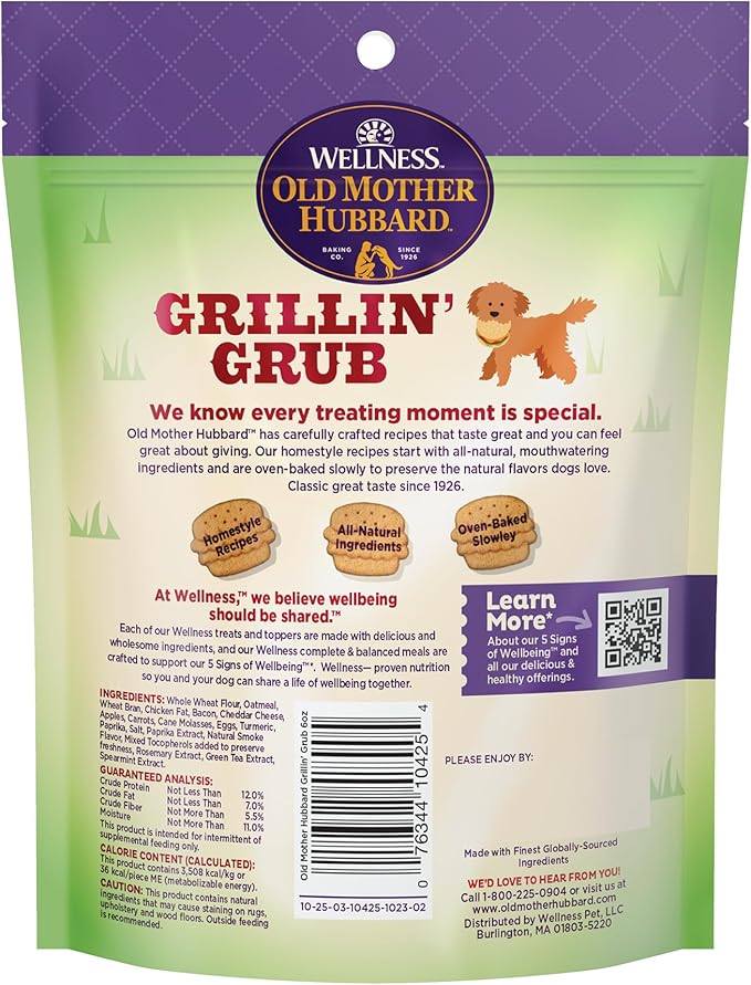 Old Mother Hubbard by Wellness Grillin' Grub Bacon, Cheese & Hickory Smoke Flavored Natural Dog Treats, Crunchy Oven-Baked Biscuits, Ideal for Training, 6 ounce bag