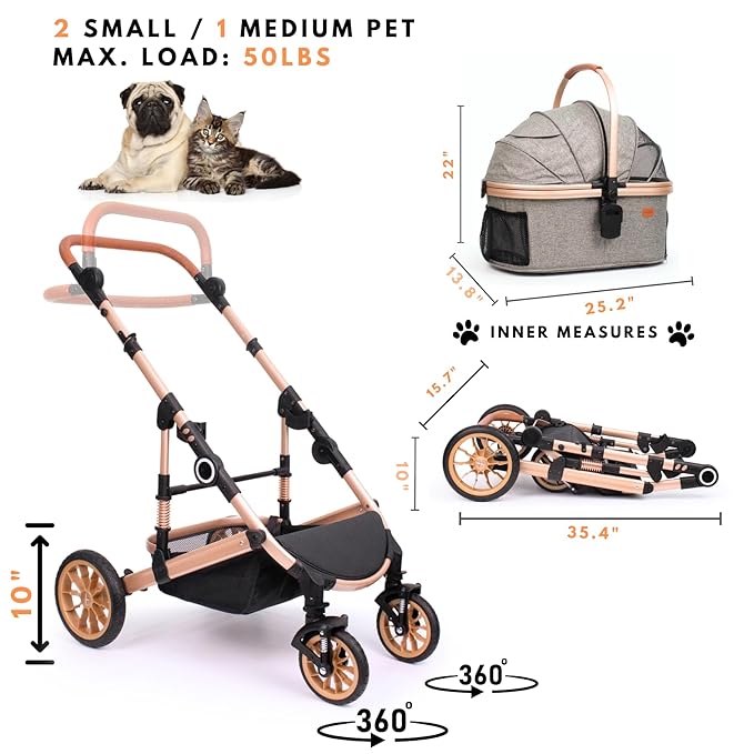 Pet Stroller with 4 Wheels, Foldable Pet Travel Carrier for Small/Medium Dogs Cats up to 50lbs, Detachble Portable Pet Bag, Storage Basket, 3 in 1 Multifunctional