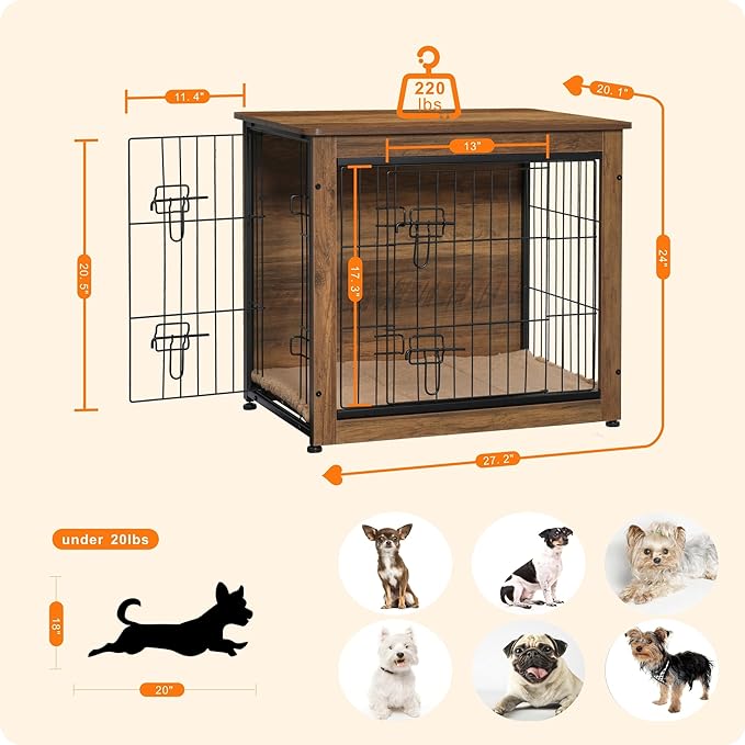 DWANTON Dog Crate Furniture with Cushion, Wooden Dog Crate with Double Doors, Dog Furniture, Dog Kennel Indoor for Small/Medium/Large Dog，End Table, Small, 27.2" L, Warm Brown