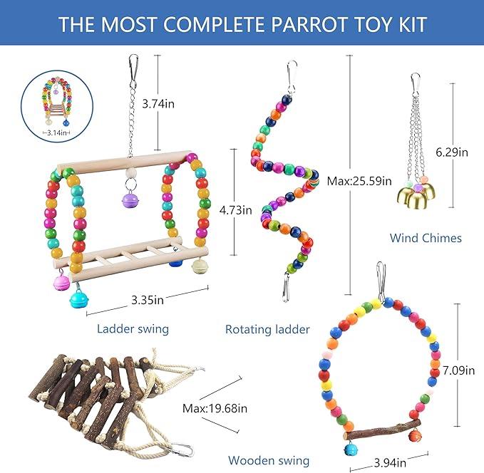 22 Packs Bird Parakeet Cockatiel Toys,Parrot Swing Chewing Hanging Toy with Safe Bells,Bird cage Colorful Climbing Standing Rope Natural Wood Ladder Bungee Toys