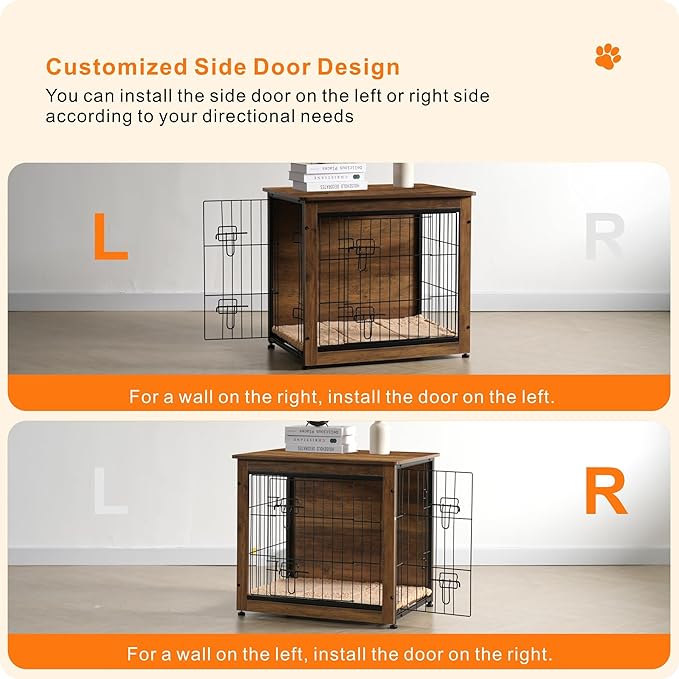 DWANTON Dog Crate Furniture with Cushion, Wooden Dog Crate with Double Doors, Dog Furniture, Dog Kennel Indoor for Small/Medium/Large Dog，End Table, Small, 27.2" L, Warm Brown