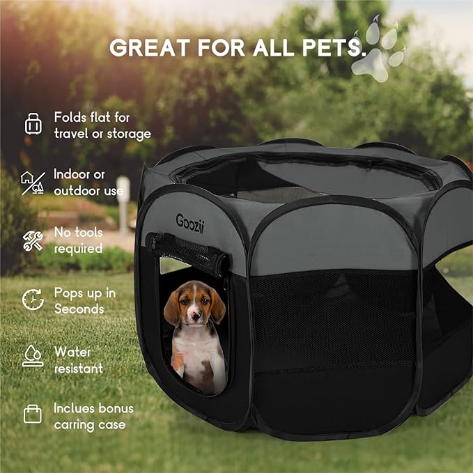 Portable Dog Playpen for Medium Dogs, Collapsible Pet Cat Kitten Puppy Playpen Indoors Outdoors with Zipper Top Cover (Medium Size, Grey-Black)