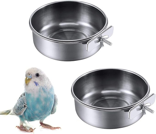 kathson 2 Pack Bird Feeding Cups with Clamp Holder, Parrot Food & Water Cage Hanging Bowl Stainless Steel Coop Cup Dish Feeder for Parakeet Cockatiels Conure Budgies Lovebird Finch,Style A