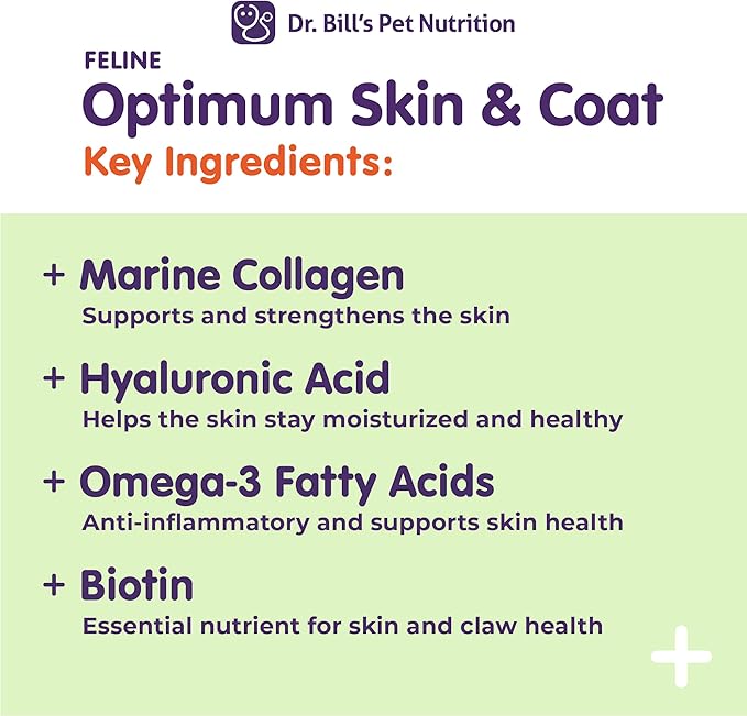 Dr. Bill’s Feline Optimum Skin & Coat – Fish Oil Omega-3 Fatty Acids for Cats Healthy Fur | Reduce Shedding and Hairballs with Biotin, Type I & III Marine Collagen, Hyaluronic Acid, & Folic Acid