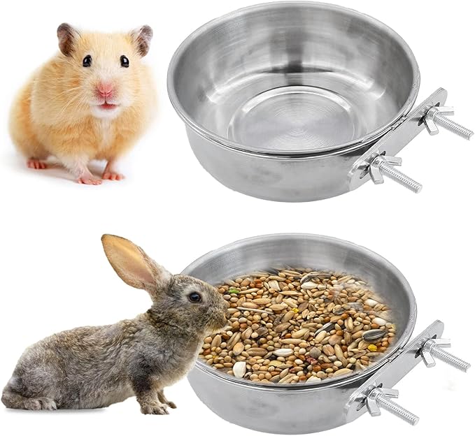 2Pcs Large Ohtum Bird Bowls for Cage Stainless Steel, Parakeet Feeding Dish Cups with Clamp Holder, Hanging Hamster Foraging Food & Water Bowl for Dog Cat Parrot Cockatiel Budgies Bunny Hedgehog (L)