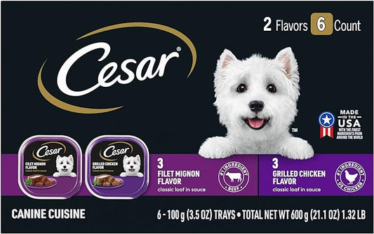 CESAR Soft Wet Dog Food Classic Loaf in Sauce Filet Mignon and Grilled Chicken Variety Pack, (6) 3.5 oz. Easy Peel Trays